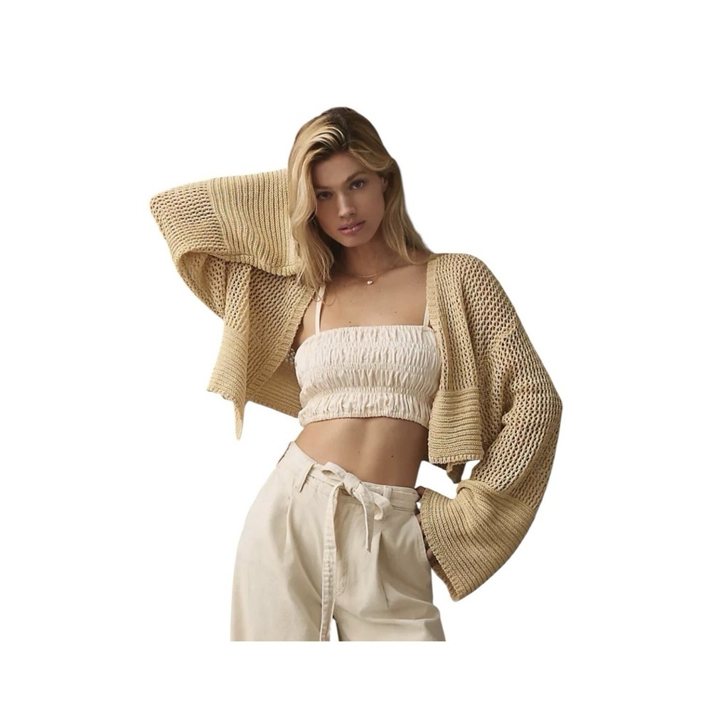 By Anthropologie Juliet Crochet Knit Open Front Tan Cardigan Women's One Size